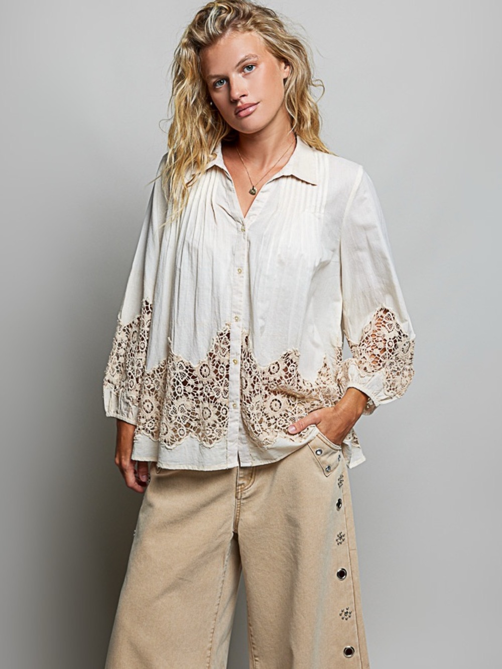NWT - POL Light Cream Crochet-Trim Button Down Shirt